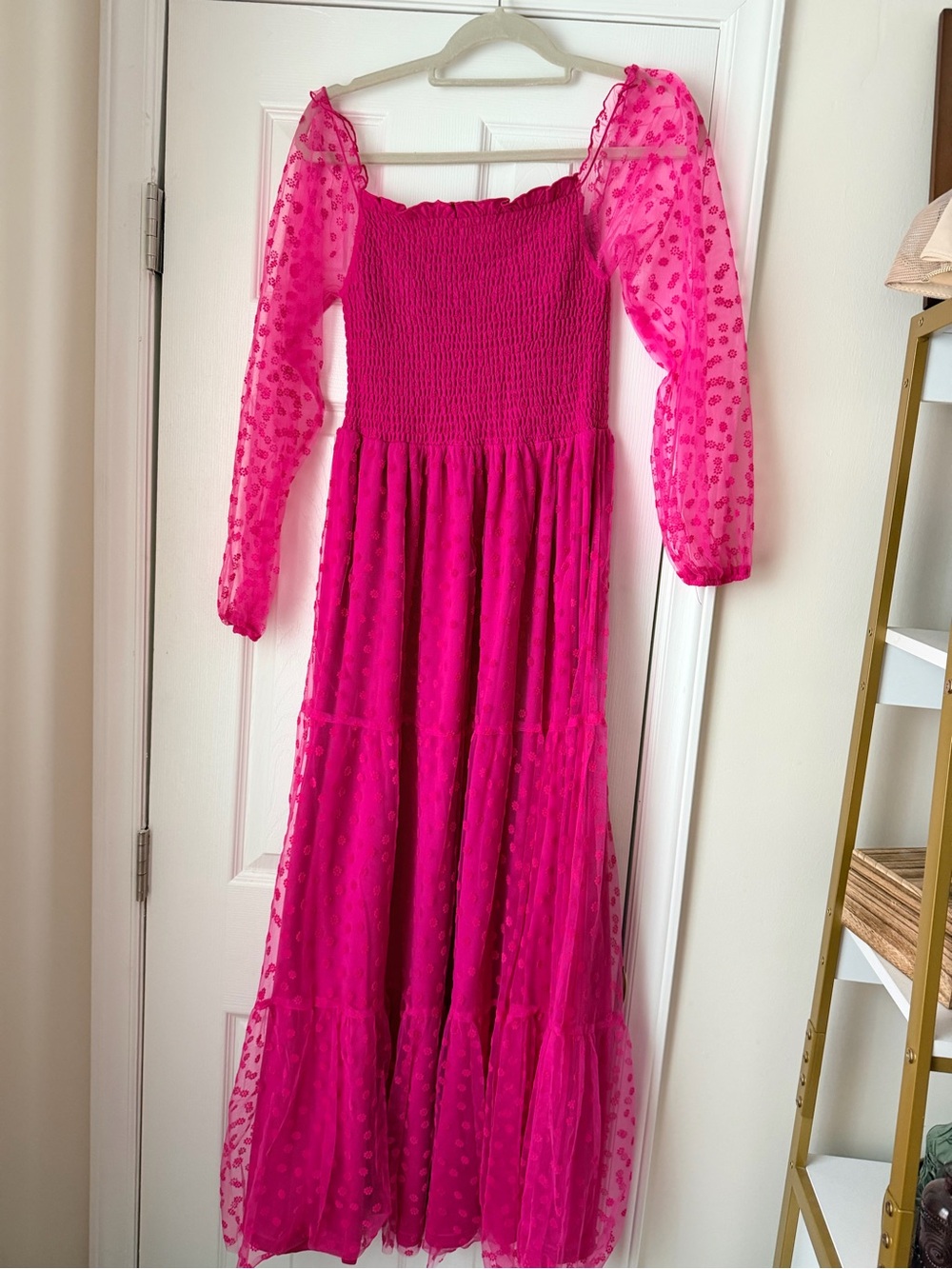 Pink Lily Women's Hot Pink Maxi Dress with Sheer Puff Sleeves
